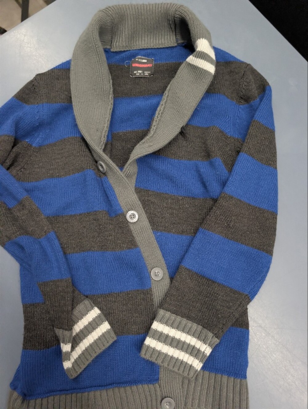 UNIONBAY Blue and Gray Striped Shawl Collar Button Cardigan